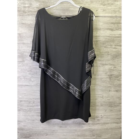 SLNY Dress Womens 16 Midi Black Silver Event Evening Gown Cold Shoulder - Picture 1 of 14